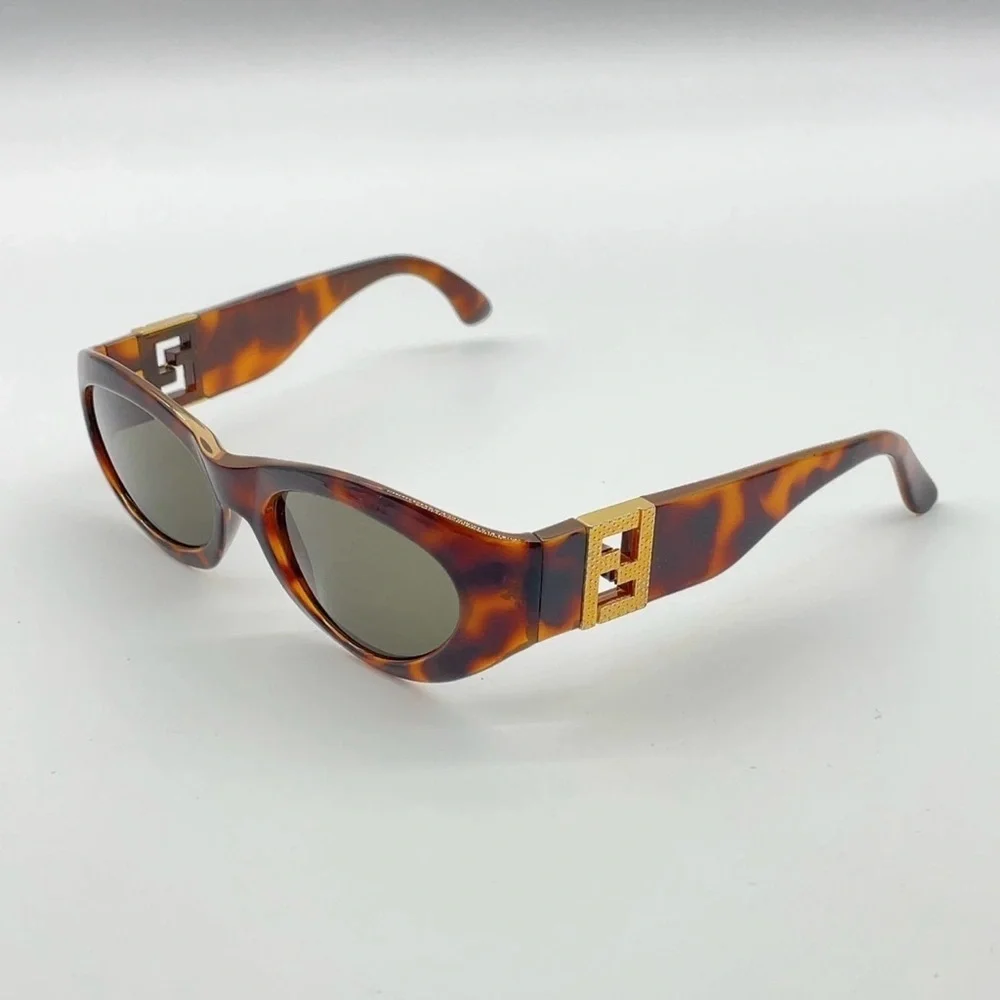 Auth Fendi Gold Logo Brown Print Sunglasses
